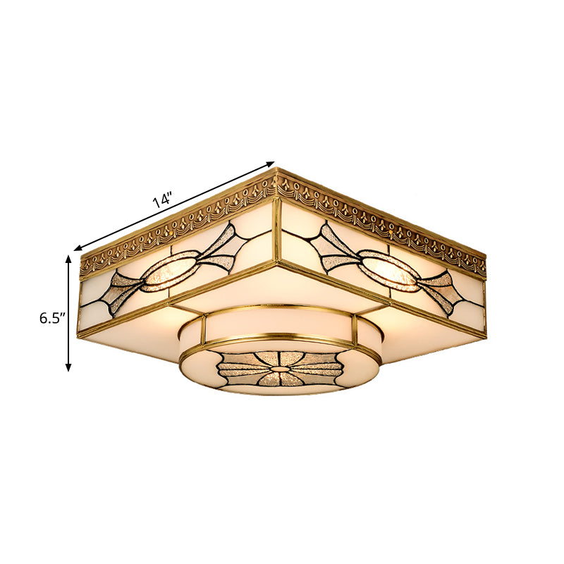 4-Light Colonial Square Opal Glass Flush Mount, Gold Kitchen Lighting Fixture