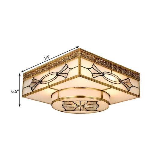 4-Light Colonial Square Opal Glass Flush Mount Gold Kitchen Lighting Fixture