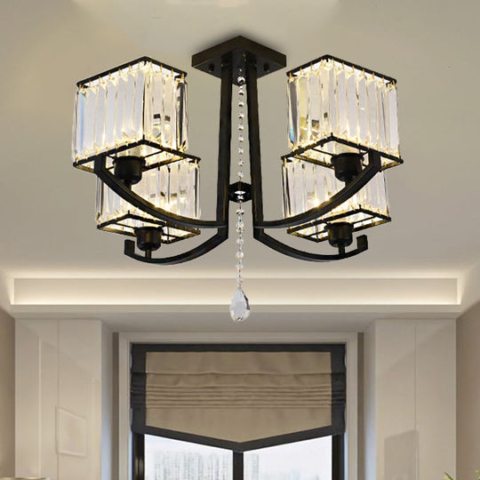 Contemporary Black Semi Flush Mount Lamp with Crystal Rods - 4/8 Light Options