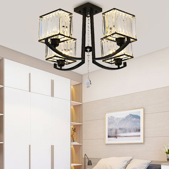 Contemporary Black Semi Flush Mount Lamp with Crystal Rods - 4/8 Light Options