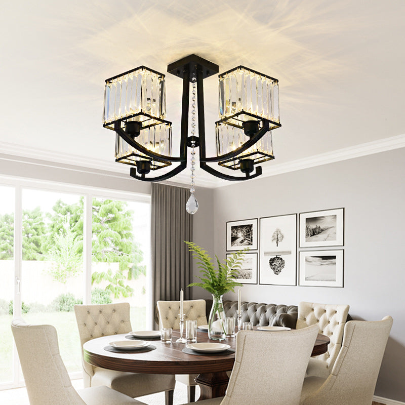 Contemporary Black Semi Flush Mount Lamp with Crystal Rods - 4/8 Light Options