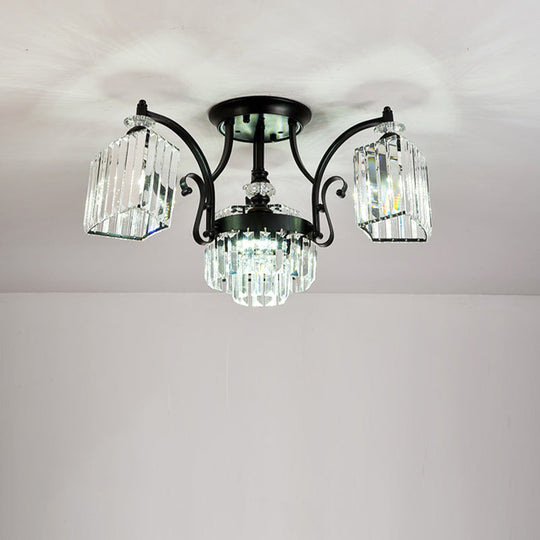 Modern Geometric Ceiling Mounted Fixture with Crystal Rods and 3 Black Flush Lights in White Illumination