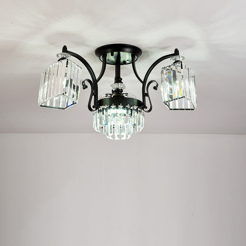 Modern Geometric Ceiling Mounted Fixture With Crystal Rods And 3 Black Flush Lights In White