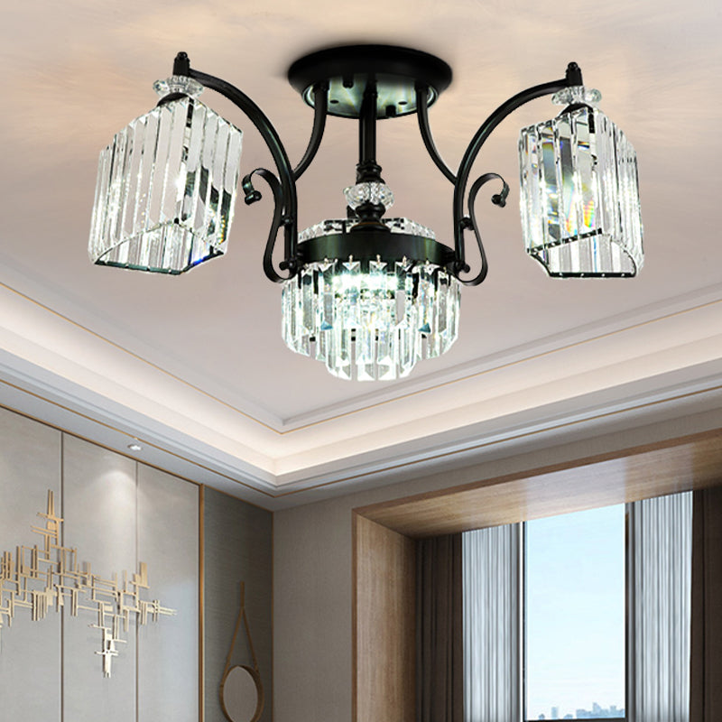 Modern Geometric Ceiling Mounted Fixture with Crystal Rods and 3 Black Flush Lights in White Illumination