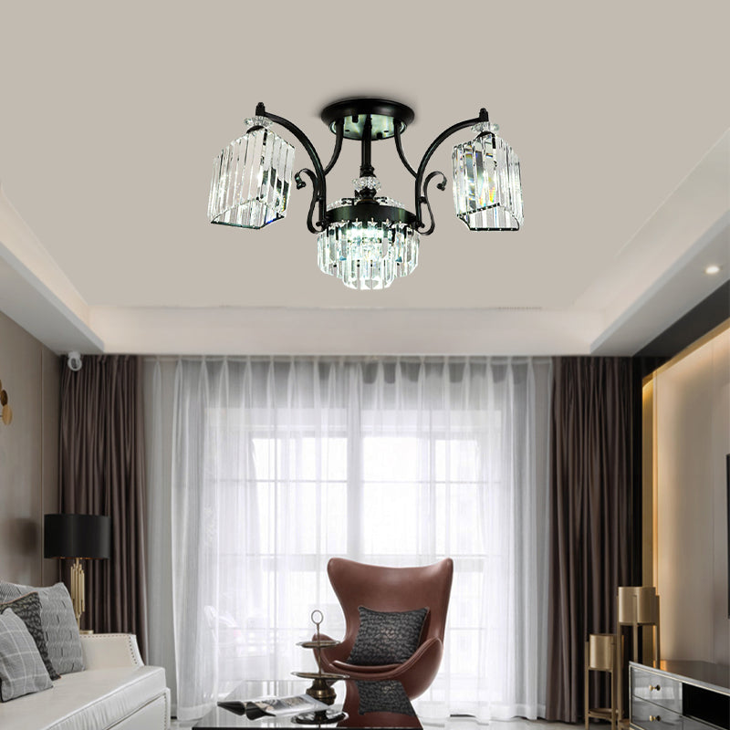 Modern Geometric Ceiling Mounted Fixture with Crystal Rods and 3 Black Flush Lights in White Illumination