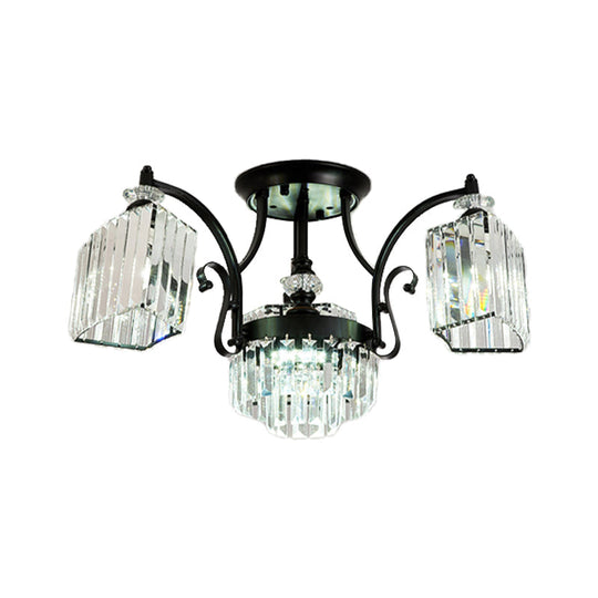 Modern Geometric Ceiling Mounted Fixture With Crystal Rods And 3 Black Flush Lights In White