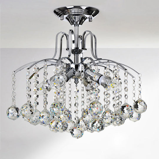 Sleek Cascade Ceiling Fixture Crystal Ball - 8-Head Semi Flush Light in Chrome for Living Room