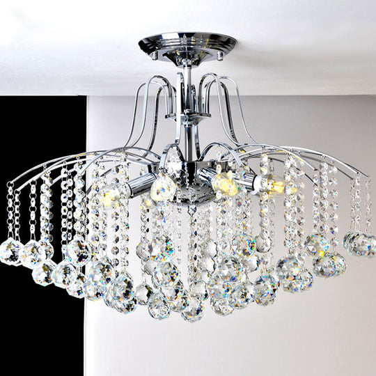 Sleek Cascade Ceiling Fixture Crystal Ball - 8-Head Semi Flush Light in Chrome for Living Room