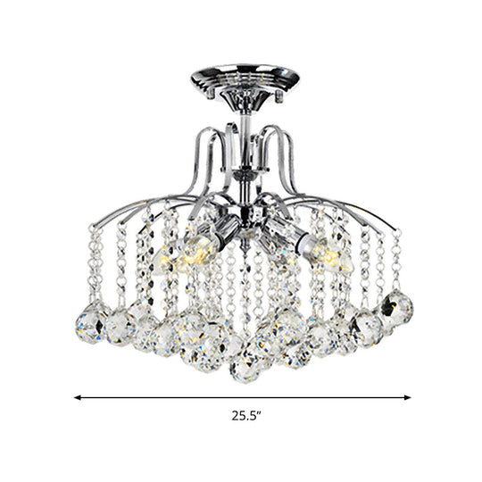 Sleek Cascade Ceiling Fixture Crystal Ball - 8-Head Semi Flush Light in Chrome for Living Room