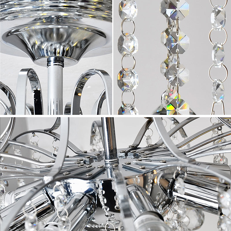 Sleek Cascade Ceiling Fixture Crystal Ball - 8-Head Semi Flush Light in Chrome for Living Room