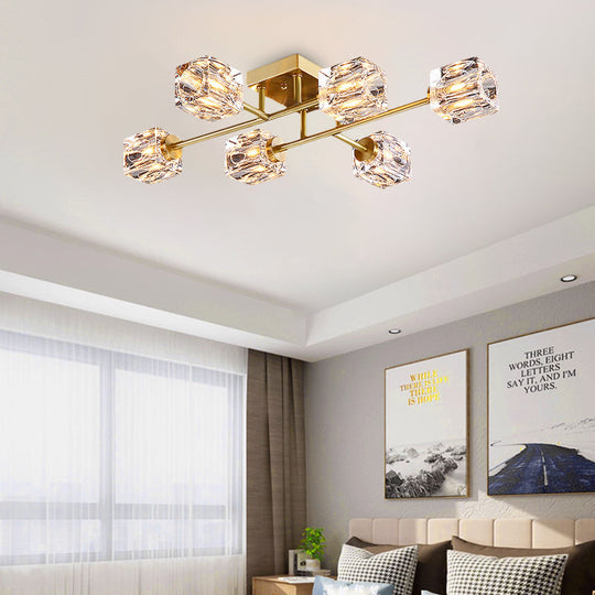 Postmodern Gold Crystal Semi Flush Mount Ceiling Light - Cubic Dimpled Design (4/6 Heads)