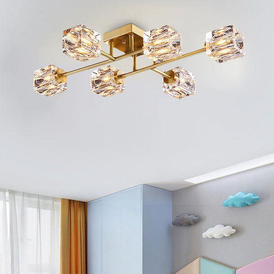 Postmodern Gold Crystal Semi Flush Mount Ceiling Light - Cubic Dimpled Design (4/6 Heads)