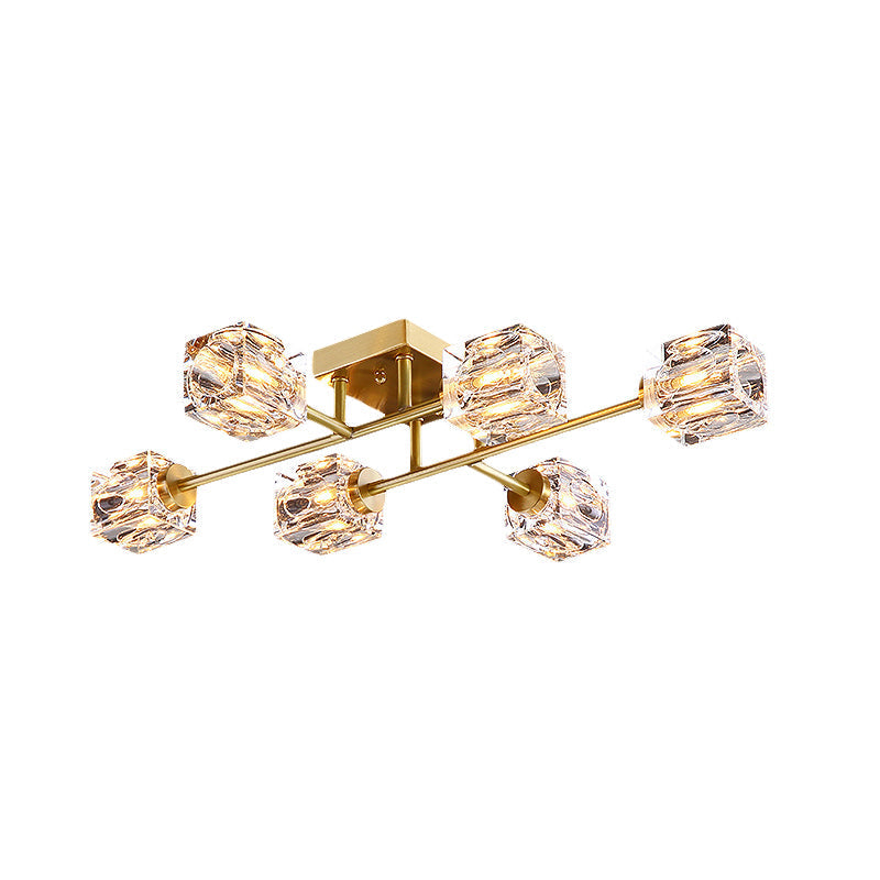 Postmodern Gold Crystal Semi Flush Mount Ceiling Light - Cubic Dimpled Design (4/6 Heads)