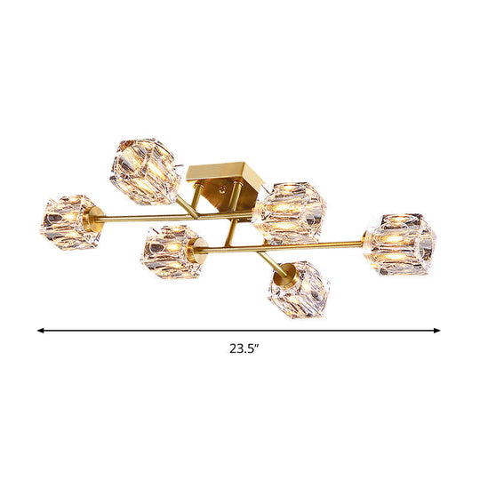 Postmodern Gold Crystal Semi Flush Mount Ceiling Light - Cubic Dimpled Design (4/6 Heads)