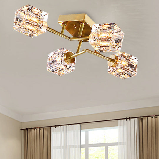 Postmodern Gold Crystal Semi Flush Mount Ceiling Light - Cubic Dimpled Design (4/6 Heads)