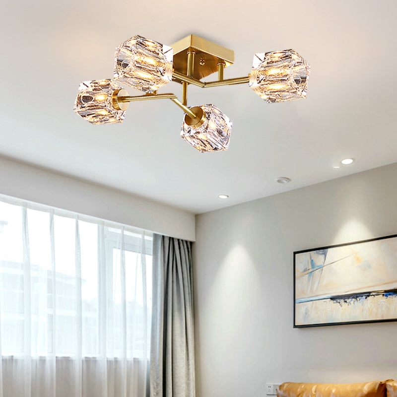 Postmodern Gold Crystal Semi Flush Mount Ceiling Light - Cubic Dimpled Design (4/6 Heads)