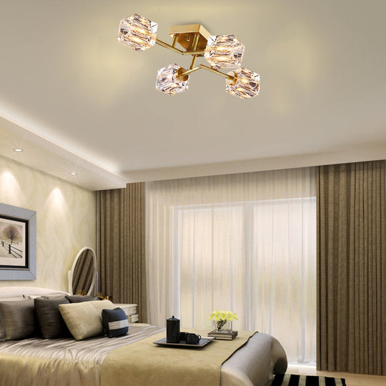 Postmodern Gold Crystal Semi Flush Mount Ceiling Light - Cubic Dimpled Design (4/6 Heads)