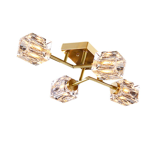 Postmodern Gold Crystal Semi Flush Mount Ceiling Light - Cubic Dimpled Design (4/6 Heads)