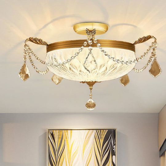 Postmodern Crystal Brass Dome Ceiling Mount Light - Semi Flush Fixture for Dining Room