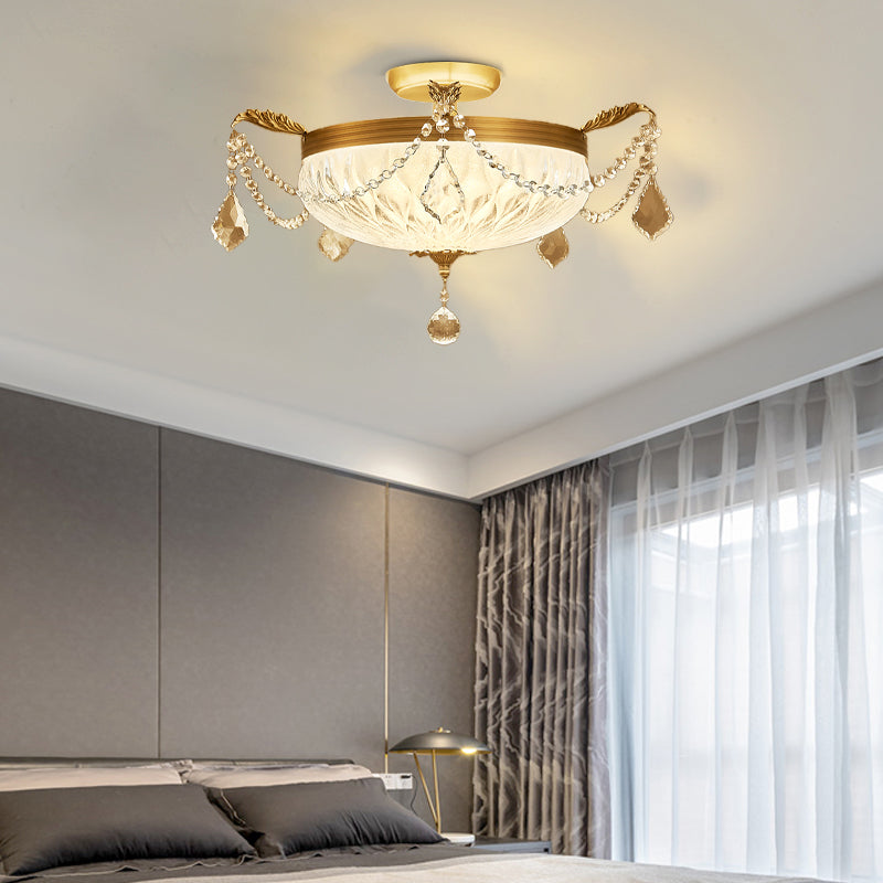 Postmodern Crystal Brass Dome Ceiling Mount Light - Semi Flush Fixture for Dining Room