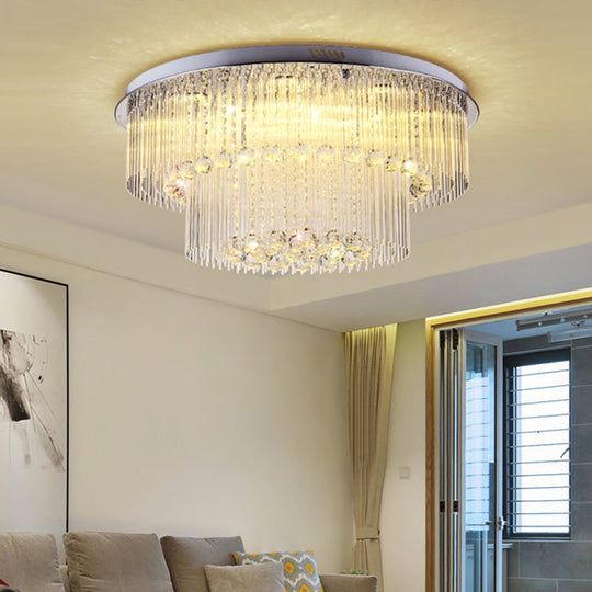 Modern Crystal Rod Ceiling Lamp - 2 Tiers, Nickel LED Flush Light Fixture for Living Room