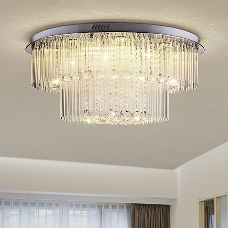 Modern Crystal Rod Ceiling Lamp - 2 Tiers, Nickel LED Flush Light Fixture for Living Room