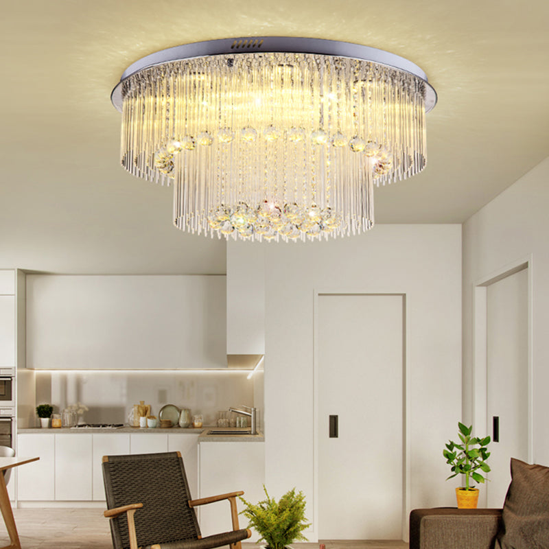 Modern Crystal Rod Ceiling Lamp - 2 Tiers, Nickel LED Flush Light Fixture for Living Room