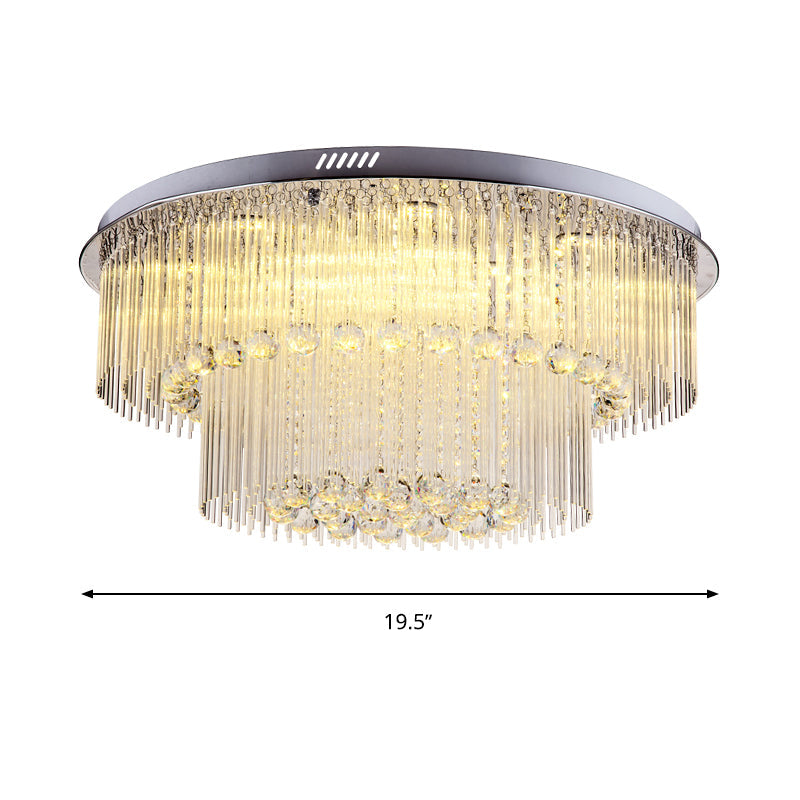 Modern Crystal Rod Ceiling Lamp - 2 Tiers, Nickel LED Flush Light Fixture for Living Room