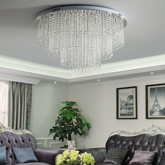 Modern Crystal Strand 3-Tier Nickel LED Ceiling Light Flush Mount for Living Room