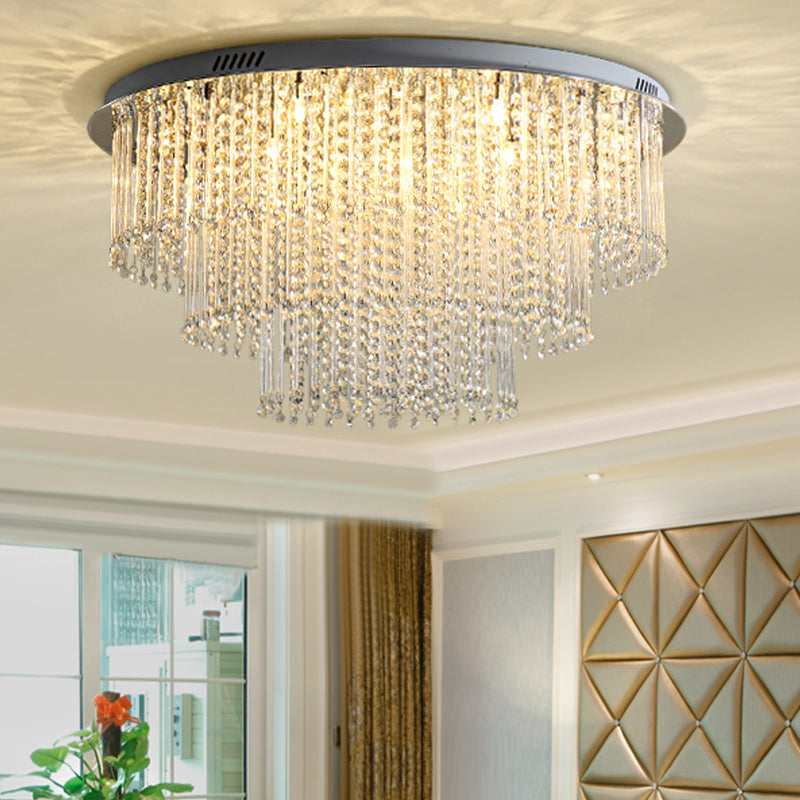 Modern Crystal Strand 3-Tier Nickel LED Ceiling Light Flush Mount for Living Room