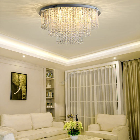 Modern Crystal Strand 3-Tier Nickel LED Ceiling Light Flush Mount for Living Room