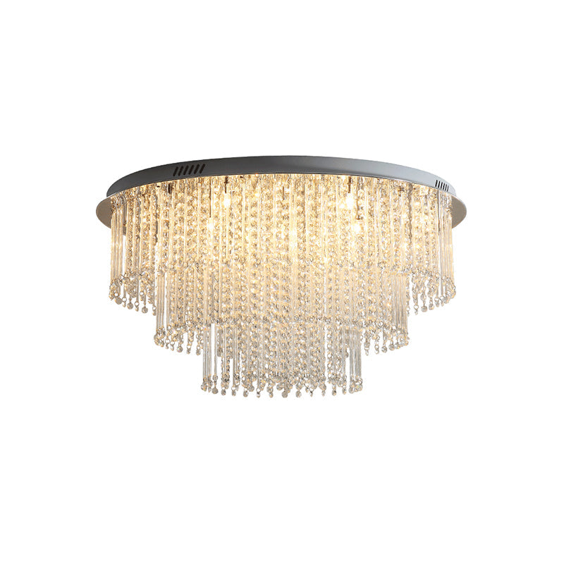 Modern Crystal Strand 3-Tier Nickel LED Ceiling Light Flush Mount for Living Room