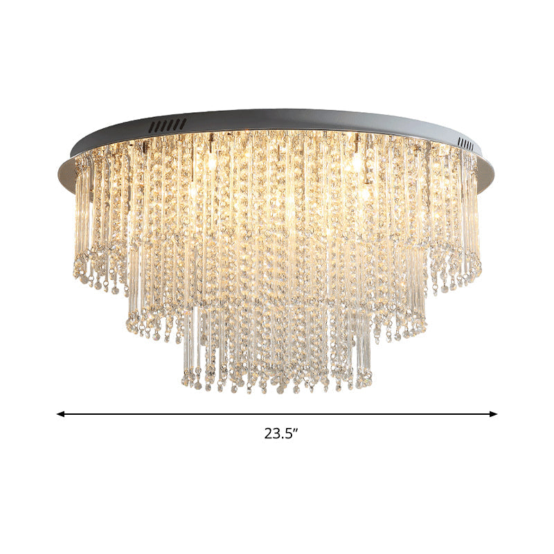 Modern Crystal Strand 3-Tier Nickel LED Ceiling Light Flush Mount for Living Room