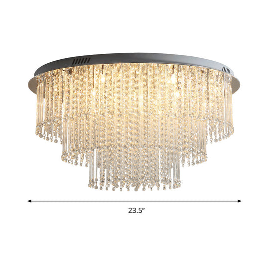 Modern Crystal Strand 3-Tier Nickel Led Ceiling Light Flush Mount For Living Room