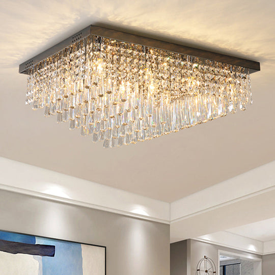 Simple Crystal LED Flush Mount for Living Room - Nickel Rectangle Ceiling Light