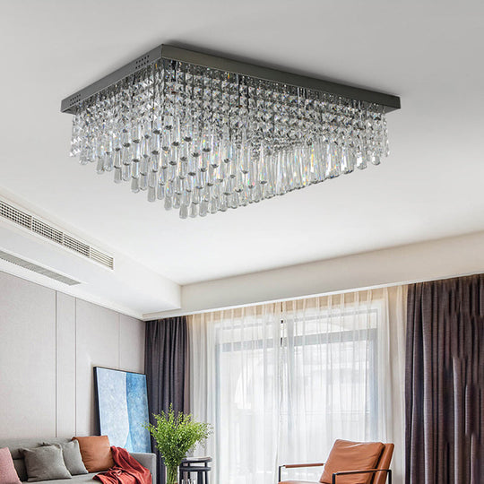 Simple Crystal LED Flush Mount for Living Room - Nickel Rectangle Ceiling Light