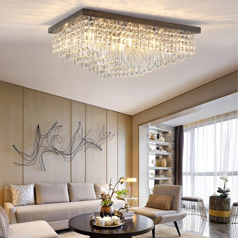 Simple Crystal LED Flush Mount for Living Room - Nickel Rectangle Ceiling Light