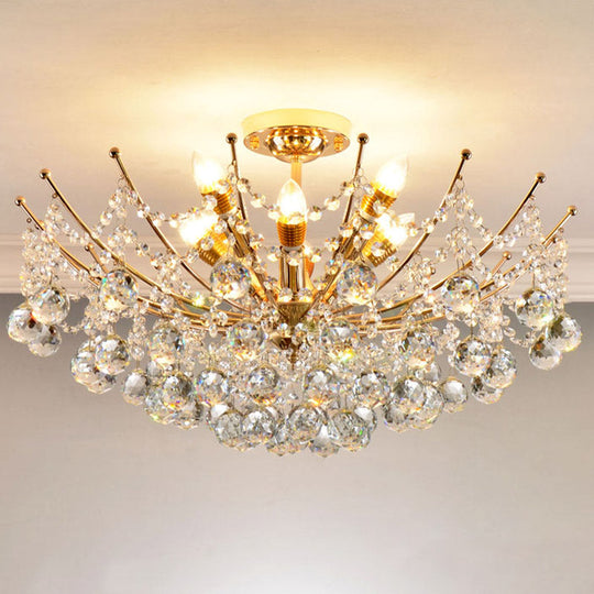 Postmodern Crystal Ball Ceiling Light Fixture - Chrome/Clear/Cognac - 4 Lights - Semi Flush Mount