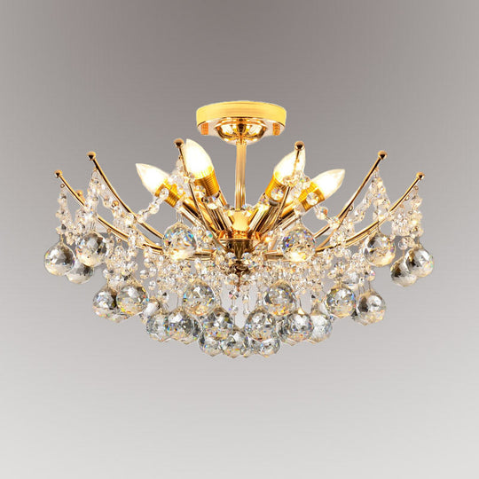 Postmodern Crystal Ball Ceiling Light Fixture - Chrome/Clear/Cognac - 4 Lights - Semi Flush Mount