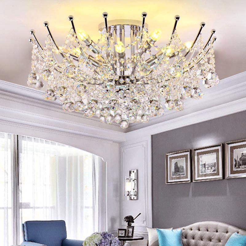 Postmodern Crystal Ball Ceiling Light Fixture - Chrome/Clear/Cognac - 4 Lights - Semi Flush Mount