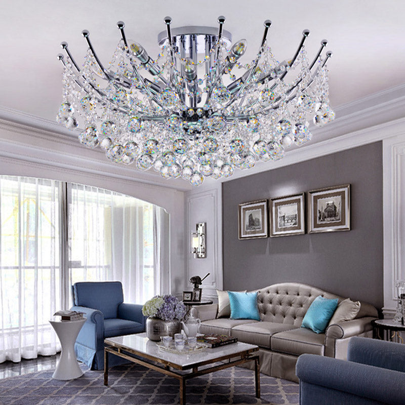 Postmodern Crystal Ball Ceiling Light Fixture - Chrome/Clear/Cognac - 4 Lights - Semi Flush Mount