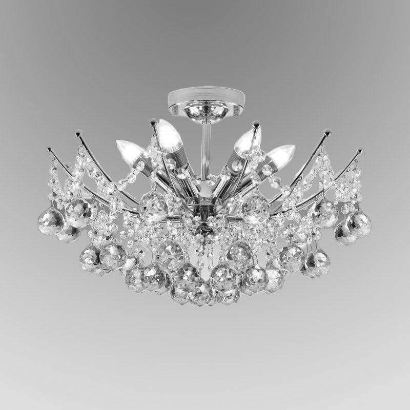 Postmodern Crystal Ball Ceiling Light Fixture - Chrome/Clear/Cognac - 4 Lights - Semi Flush Mount