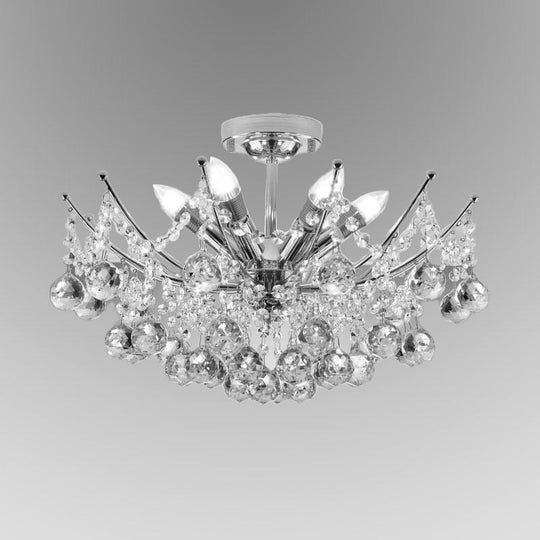 Postmodern Crystal Ball Ceiling Light Fixture - Chrome/Clear/Cognac - 4 Lights - Semi Flush Mount