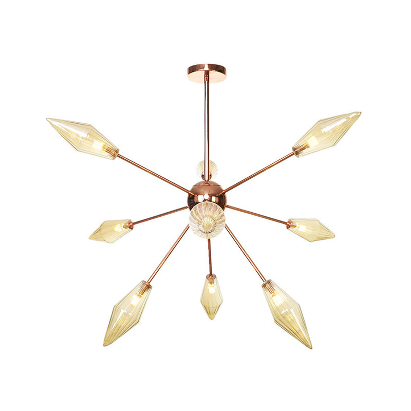 Industrial Diamond Glass Chandelier Lamp - 9/12/15 Lights - Hanging Ceiling Fixture with Starburst Design - Amber/Clear