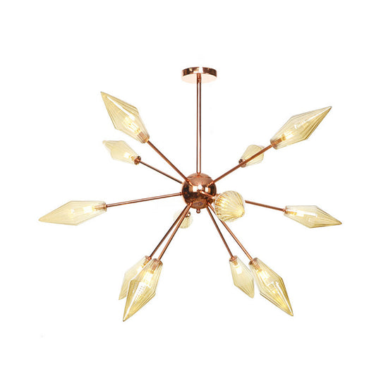 Industrial Diamond Glass Chandelier Lamp - 9/12/15 Lights - Hanging Ceiling Fixture with Starburst Design - Amber/Clear