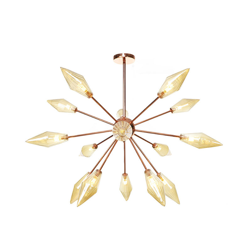 Industrial Diamond Glass Chandelier Lamp - 9/12/15 Lights - Hanging Ceiling Fixture with Starburst Design - Amber/Clear