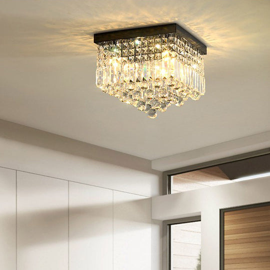 Contemporary Flush Light with Faceted Crystal and 2/4 Heads - Rectangle Corridor Ceiling Mounted Light in Black/White