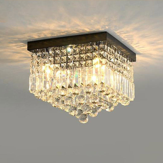 Contemporary Flush Light with Faceted Crystal and 2/4 Heads - Rectangle Corridor Ceiling Mounted Light in Black/White