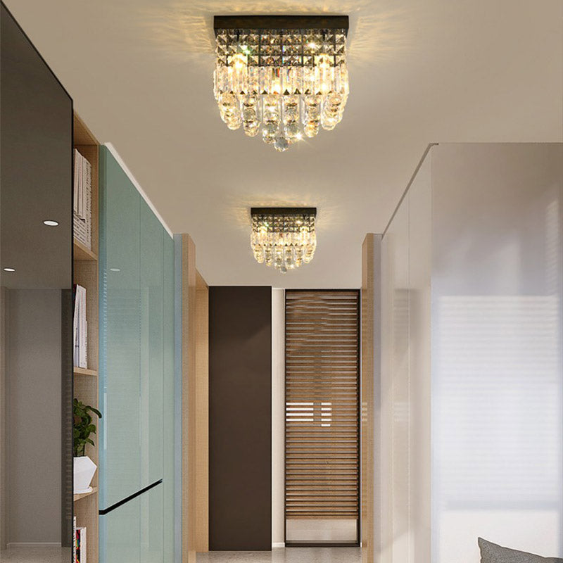 Contemporary Flush Light with Faceted Crystal and 2/4 Heads - Rectangle Corridor Ceiling Mounted Light in Black/White