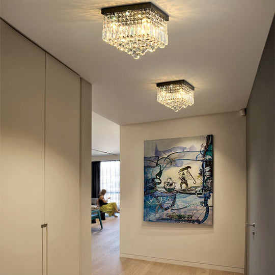 Contemporary Flush Light with Faceted Crystal and 2/4 Heads - Rectangle Corridor Ceiling Mounted Light in Black/White